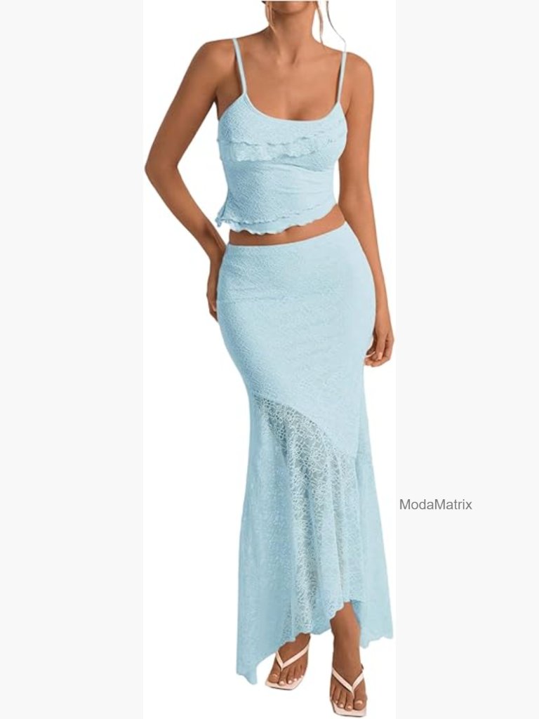 Women's 2 Piece Crop Top & Maxi Skirt Set Ruffle Trim